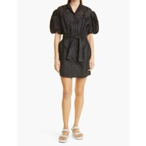 FRAME Inset Lace Puff Sleeve Minidress Black Ramie Size Small